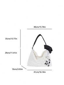 Polka Dot Bottom & Musical Note Print Shoulder Bag, Large Capacity For Books And Personal Items, Snap Closure, Korean Style Fresh Casual Student Women's Bag, Suitable For School, Commute, Daily Outings And Travel - White - View 5