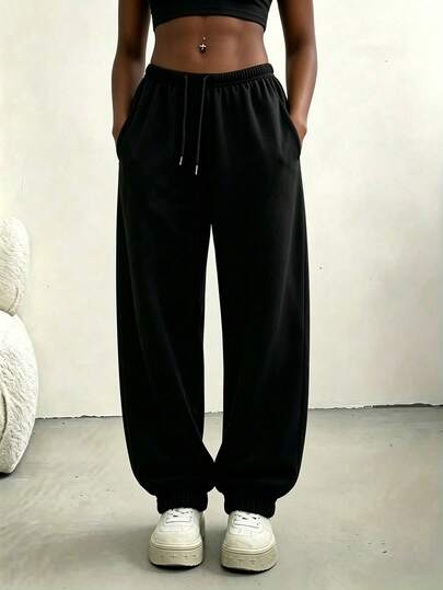 Solid Color Women Jogger Pants, Elastic Waist Drawstring Athletic Sweatpants, Loose Baggy Fit, Casual Daily Wear, High Waist Relaxed Jogging Trousers