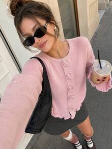 Women's Pink Round Neck 3D Floral Button Ruffle Knit Cardigan Sweater, Winter Christmas New Year Sweet Ruffle Sleeve Long Sleeve Top, Suitable For Autumn - Pink - View 5