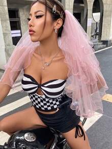 1pc Pink Short Multi-Layer Ruffle Bridal Veil With Hair Comb, Suitable For Wedding, Bridal Photography And Bachelorette Party Headpiece - Pink - View 7