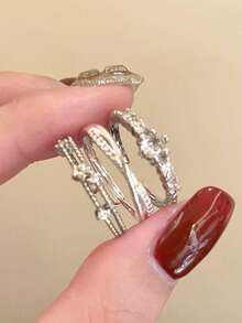 Set 3 buah Cincin Salib Paduan Tembaga Zirkonia Kubik Minimalis Elegan, Cocok untuk Pakaian Kasual & Pesta Wanita - Perak - View 2