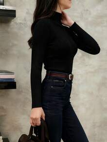 DONICY Women's Top, Solid Color Long Sleeve Top, Black Vertical Stripe Slim Fit, Minimalist Basic Commuter Style,Fall Winter - Black - View 3