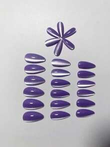 24pcs Y2K Style Short Oval French Cat Eye Press-On Nails Set, Acrylic Nails, Purple, Pink, Blue, Red And Macaron Colors - Multicolor - View 4