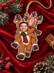 1pc Custom Photo Reindeer Couple Christmas Ornament, Personalized Face Tree Hanging Decoration, Playful Piggyback Holiday Keepsake, Festive Gift For Partners, Winter Home Decor, Christmas Gift - Brown - View 4