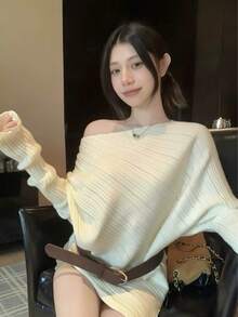 Women's Shoulder Strap Belted Knit Sweater Top, New Autumn/Winter Lazy High-End Style - Apricot - View 4