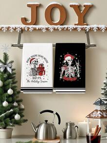 2 Pcs Christmas Skeleton Snowflake Letter Slogan Kitchen Towels Gothic Holiday Dish Towels Can Be Used In Kitchen Drying Hand Towels Tea Towels Suitable For Farmhouse Kitchen Home Indoor Dish Drying - Black and White - View 4