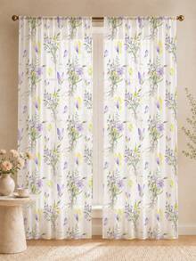 2PCS Purple Floral Butterfly Print High Density Mesh Curtains, Watercolor Light Filtering Rod Pocket Panels - Navy Blue - View 3