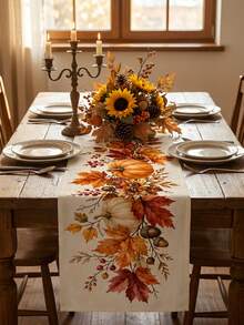 Autumn Pumpkin Table Runner, Maple Leaf Berry Acorn Floral Print Dining Table Decor, Suitable For Thanksgiving, Harvest Party, Kitchen, Dining Room And Farmhouse Home Decor - Multicolor - View 5