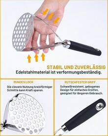 26 cm stor potatisstöt i rostfritt stål – en mångsidig köksstöt för potatis och pumpa som inte får saknas i något hushållskök - Silver+Svart - Visa 2