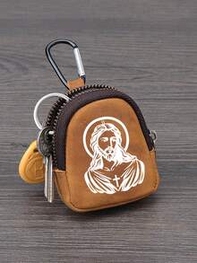 Mini Zipper Wallet With Jesus Design (With Snap Closure), Portable PU Leather Headphone Pouch, Small Key And Card Holder, Original Coin Purse, Zipper Earphone Storage Bag, Key Pouch And Keychain Accessory - Multicolor - View 9