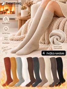 ZHIYITANG Random 1 Pair/4 Pairs Women's Winter Solid Color Thick Soft Warm Knitted Long Socks, Minimalist Versatile Knee-High Socks For Autumn/Winter Daily Commute, Home, Leisure, Multiple Colors Available, Suitable For Everyday Use - Multicolor - View 7