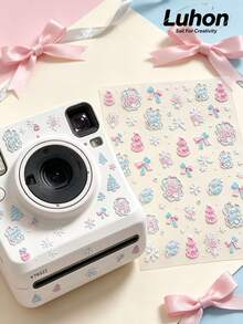 1Set, Metal Phone Stickers, Journaling Supplies, Scrapbook Stickers, Aesthetic Soft Pastel Christmas Themed Decorative Decals, Clear Die Cut, Pink Blue Tree Bow Snowflake Pattern, For Phone Surface, Laptop, Camera, Gift Package, Tablet Decor - Blue and Pink Bow - View 2