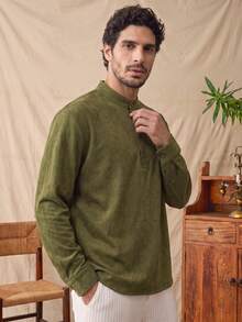 glestore Kemeja Lengan Panjang Pria Gaya Vintage, Tekstur Korduroi, Modis, Kasual, dan Serbaguna, Cocok untuk Perjalanan dan Liburan - Hijau Tentara - View 4