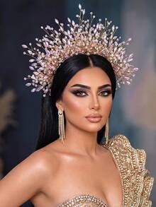 1pc Gorgeous Rhinestone Crystal Crown Hair Hoop Exquisite Women's Hair Accessories Fashion Wedding Party Holiday Party Headband - Gold - View 2