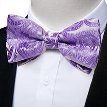 Men's Pre-Tied Bow Tie, Pocket Square, Cufflinks, Lapel Pin 4-Piece Set, Purple And White Paisley Pattern, Business Formal Attire - Purple - View 4