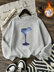 Stylish Gray Women's Sweatshirt, Long Sleeve Round Neck Drop Shoulder Pullover With Unique Cocktail Graphic, Warm And Comfy Fall Top,Pull - Gray - View 10