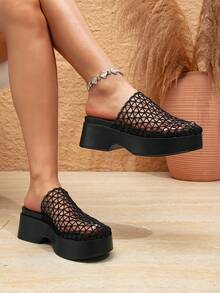Women's New Mesh Hollow Round Toe Open Toe Thick Sole Wedge Heel Mule Slippers, Chunky Heel Slip-On Summer Outdoor Half-Sandal - Black - View 2