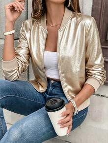 Women's Fashion Long Sleeve Woven Flight Jacket, Regular Length Full Zip Casual Outerwear - Champagne - View 1