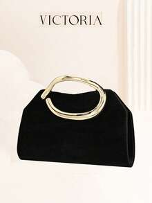 Simple Velvet Black Clutch With Golden Handle Evening Bag For Party,Wedding - Black - View 1