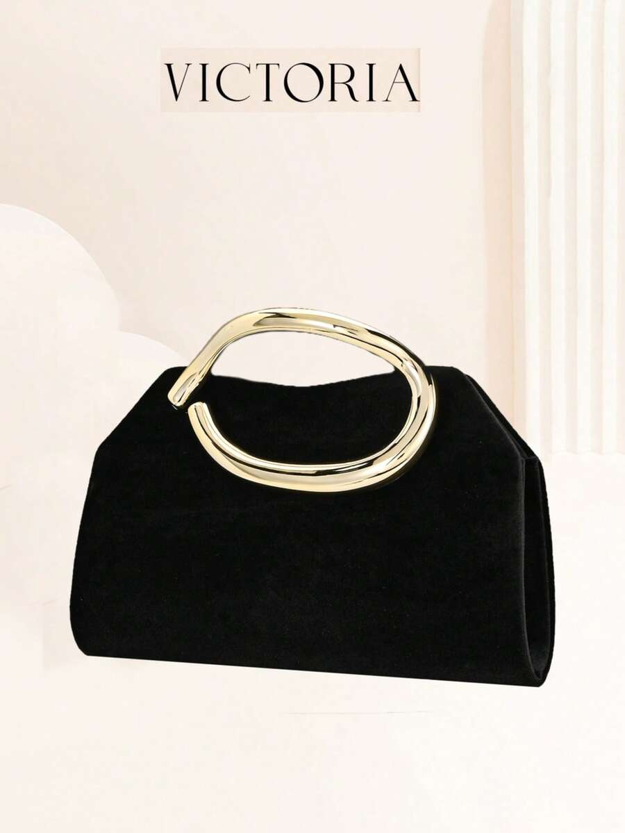 Simple Velvet Black Clutch With Golden Handle Evening Bag For Party,Wedding - Black - View 1