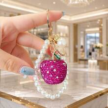 1pc Minimalist Fashion Rhinestone Apple Keychain With Pearl Pendant Phone Bag Charm, Suitable For Girls Christmas - Multicolor - View 14