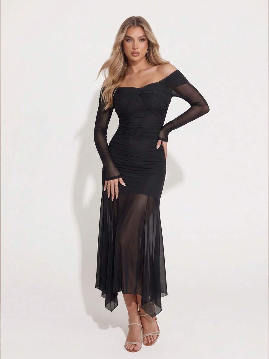 Women Black Off Shoulder Twisted Ruched Mesh Mermaid Maxi Dress, Long Sleeve Bodycon Party Dress - Black - View 1