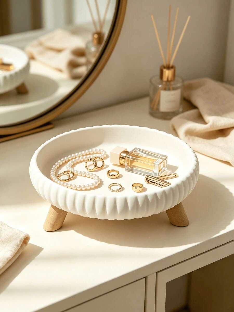 1pc Vintage Ribbed Round High-Foot Tray With Table Leg Decor, Multi-Scene Storage Rack, Suitable For Jewelry, Keys, Cosmetics, Bathroom Countertop And Entryway Decor - Multicolor - View 1