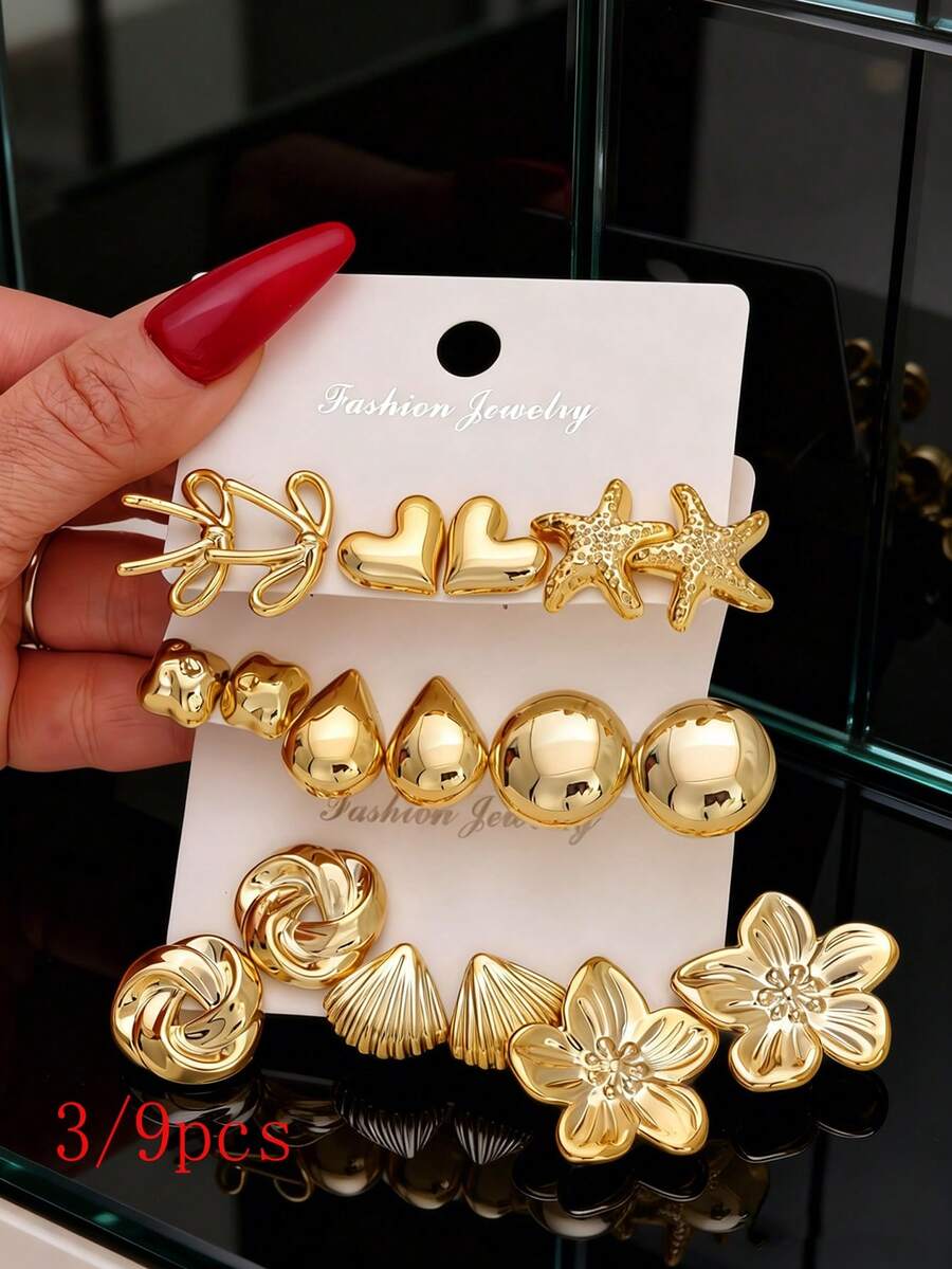 1 Set/3pcs/9pcs Multi-Style CCB Golden Earrings, Bow & Starfish & Flower & Chunky Stud Earrings, Statement Fashion Jewelry - Yellow Gold - View 1