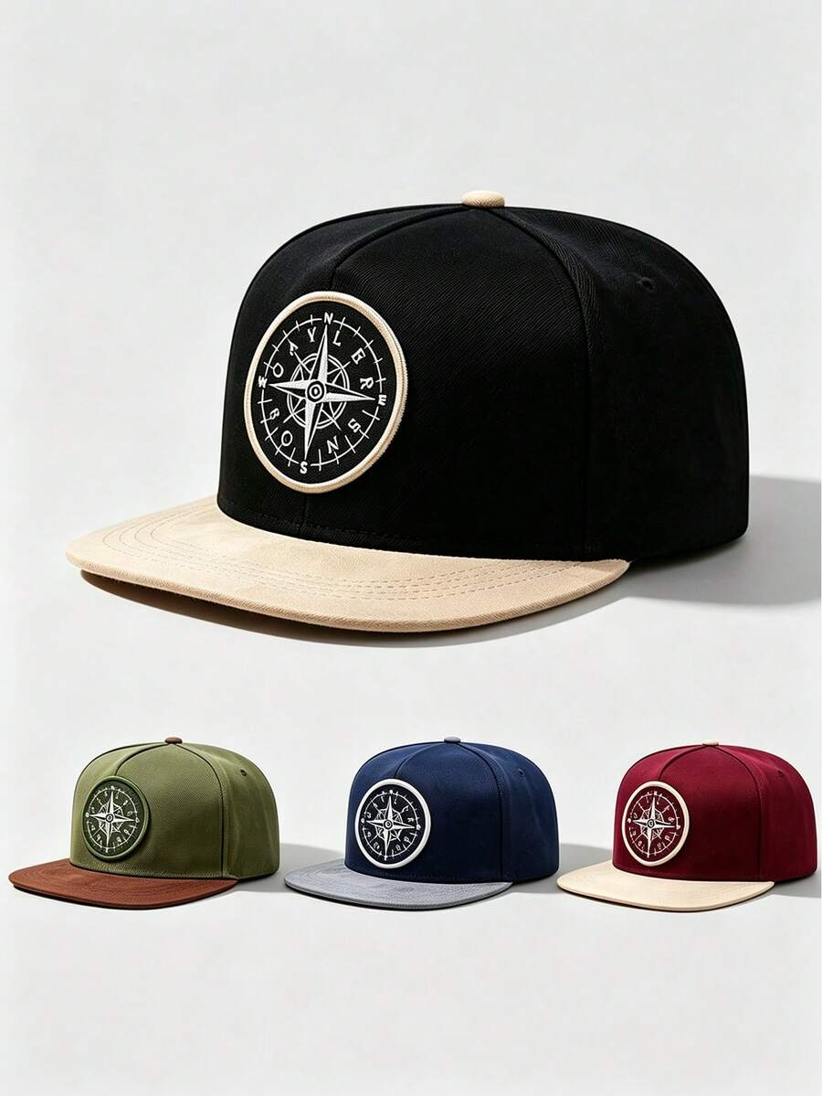 1PC Unisex Color Block Flat Brim Baseball Cap, Circular Compass Embroidery On Front, Contrast Flat Brim, Adjustable, For Daily, Street, Party & Travel