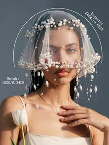 Elegant Pearl Beaded Bridal Veil Soft Tulle Short Wedding Veil With Dangling Tassel Edge Romantic Bride Headpiece Photo Accessories - Off White - View 7