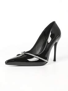 Women's Black Pointed Toe High Heel Pumps With Rhinestone Bow Stiletto Heel For Daily Commute, Date And Evening Party - Black - View 2