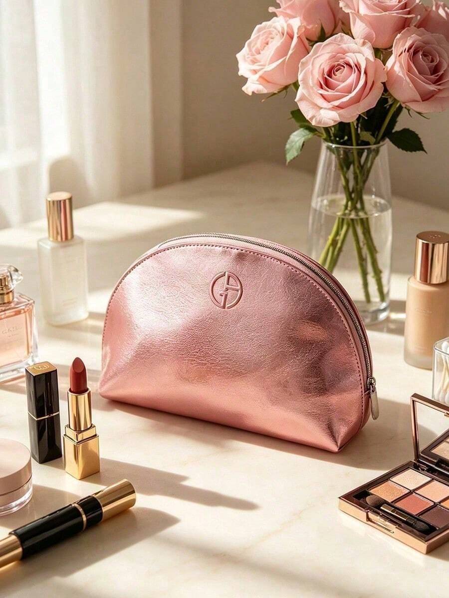 Metallic Pink Shell‑Shaped Cosmetic Pouch Shiny Faux‑Leather Large Capacity Travel Makeup Storage Gift For Women Giorgio Armani Metallic Pink Shell‑Shaped Cosmetic Pouch - Watermelon Pink - View 1