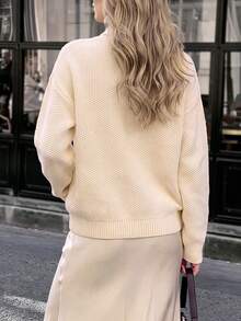 minisummer Women Fall Casual Cream High Neck Cable Knit Pullover, Textured Waffle Splice Loose Fit Long Sleeve Knitted Sweater - White - View 3