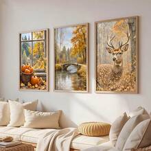 3-Piece Frameless Canvas Wall Art Set, Warm Autumn Pumpkin And Stag Forest Bridge Print, Suitable For Living Room And Bedroom Rustic Decor Poster, Autumn Holiday Gift - Green - View 2