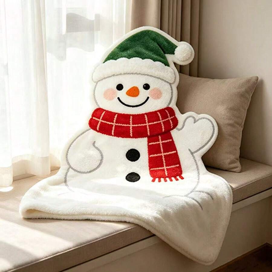 成人聖誕雪人造型毛絨毯,可愛卡通雪人配綠色聖誕帽與紅格子圍巾,不對稱剪裁創意披毯,柔軟法蘭絨保暖毯,適用於沙發與床鋪,聖誕節居家裝飾禮物毯 - 彩色 - 查看 1