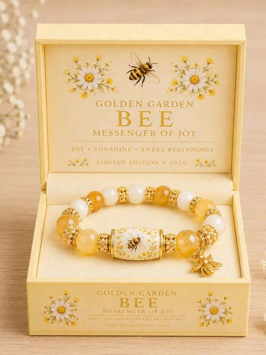 1件蜜蜂串珠手鍊,金色黃蜂吊墜手鍊,陶瓷彩繪珠與黃色圓珠,英式鄉村花園風女士手鍊,春夏日常禮物 - 黃色 - 查看 1