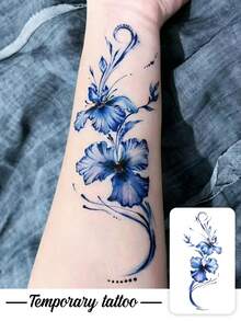 1pc Temporary Tattoo Sticker, Gradient Blue Large Flowers With Elegant Ink Curve Pattern, Realistic Fake Tattoo Design, Suitable For Daily, Bachelorette Party Favors, Music Festivals, Cosplay, Graduation Gifts, Lasts 3-5 Days - Multicolor - View 1