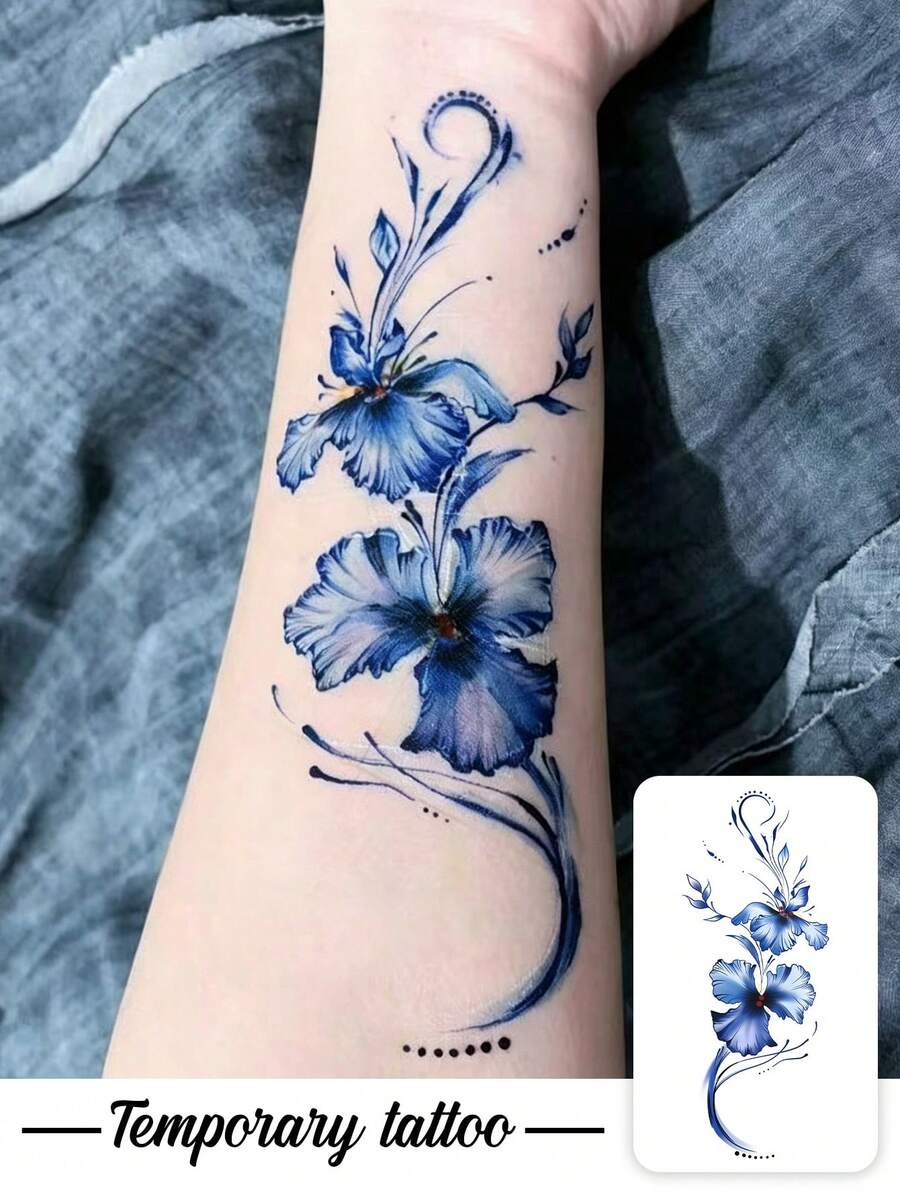 1pc Temporary Tattoo Sticker, Gradient Blue Large Flowers With Elegant Ink Curve Pattern, Realistic Fake Tattoo Design, Suitable For Daily, Bachelorette Party Favors, Music Festivals, Cosplay, Graduation Gifts, Lasts 3-5 Days - Multicolor - View 1