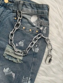 Y2K Punk Embossed Thick Single Layer Pants Chain, Textured Oval Link Jean Pants Chain, Unisex Heavy Metal Wallet Chain Streetwear Accessory - Silver - View 5
