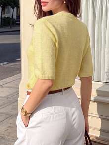 DONICY Women's Light Yellow Crew Neck Short Sleeve Button Knit Sweater Cardigan, Elegant Outfit For Spring Summer Casual Tops - Yellow - View 2