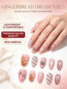 10Pcs Almond Press On Nails, Pink Base With Gingerbread Man, Snowflake, Bow & Rhinestone Decor, Christmas Winter Holiday False Nails , Removable Reusable Full Cover Nail Tips For Party Daily Wear, Festive Manicure For Women And Girls - Multicolor - View 2
