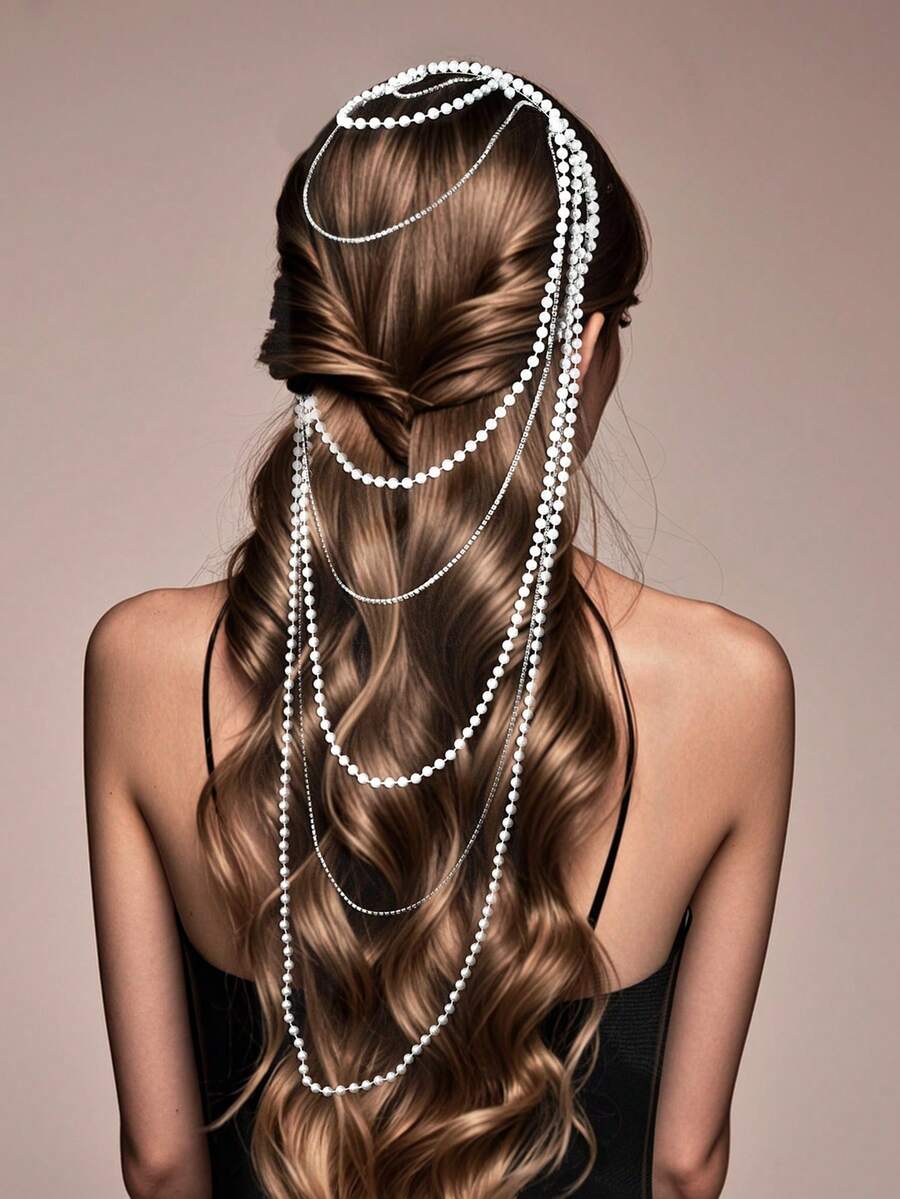 1pc Elegant Handmade Pearl LongTassel Headband Fashion Rhinestone Chain Hair Accessory Party Headband For Women