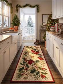 1pc Christmas Poinsettia & Holly Berry Print Long Runner Rug, Suitable For Kitchen, Entryway, Hallway, Corridor, Perfect For Christmas Holiday Home Decor, Soft Short Plush Fabric, Non-Slip Bottom, Stain-Resistant, Easy To Clean - Multicolor - View 3