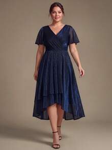 EVERPRETTY Fall Women's Shimmer V-Neck Stretchy Semi Formal Dress Navy Blue Wedding Guest Dress Ruffle Sleeve High-Low A Line Evening Party Dress - Navy Blue - View 4