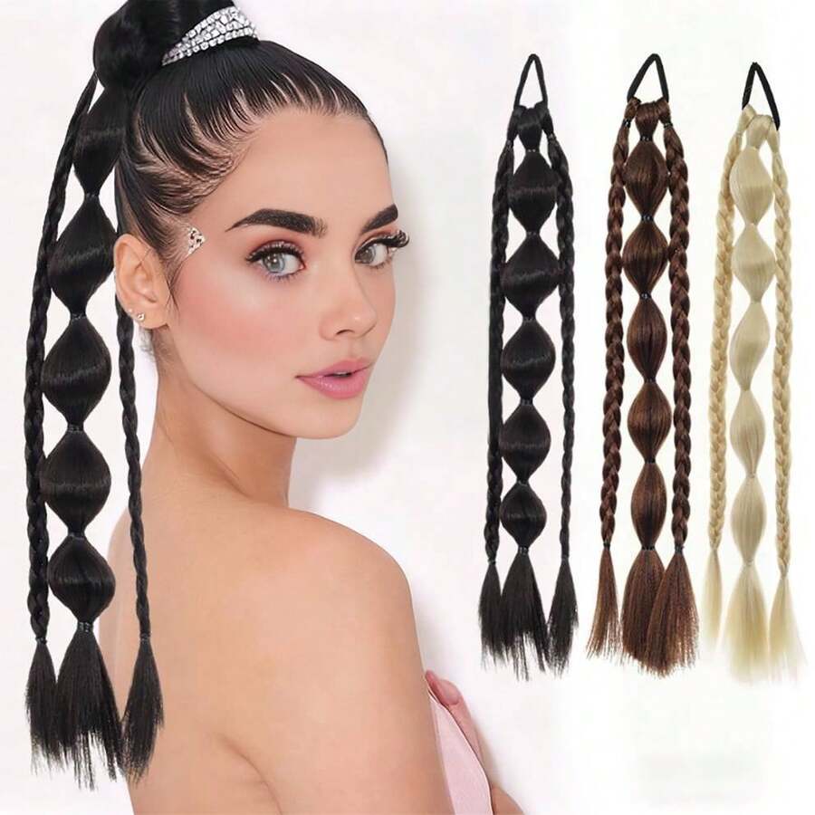 Women's Bubble Braided Ponytail Hair Extension, Boxer Braids Style Fashion Ponytail Hair Scrunchie Hair Accessory - Black - View 1
