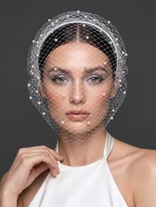 Vintage Mesh Pearl Beaded Headband Veil, Evening Party Face Cover Headpiece - Multicolor - View 2
