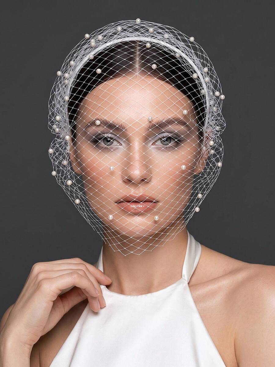 Vintage Mesh Pearl Beaded Headband Veil, Evening Party Face Cover Headpiece