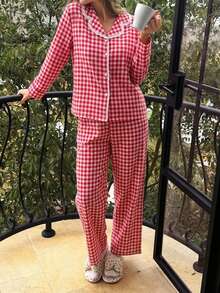 DAZY 2pcs Women's Plaid Print Lace Patchwork Long Sleeve Pajama Top + Elastic Waist Long Pants Loungewear Set - Red - View 6