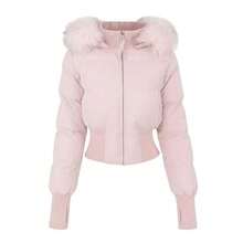 Women's Pink Quilted Padded Coat With Hood And Faux Fur Trim, Ribbed Knit Cuffs And Hem, Full Zip Closure, Winter Outfit Essential - Pink - View 8