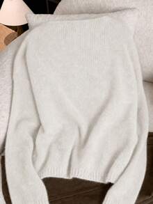 Women's Spring Autumn Square Neck Thin Loose Soft Cozy Slouchy Minimalist Versatile Fashion Solid Color Knit Top Outerwear Base Layer Daily Outfit - White - View 6